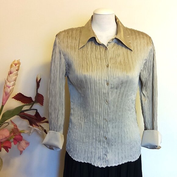 Preowned Conrad C Collection Blouse Beige Long Sleeve Pleated Shirt Women’s Top - Picture 1 of 7